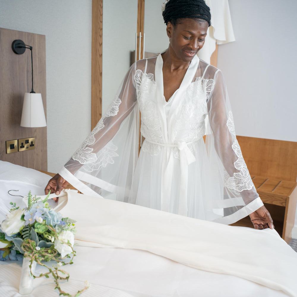 Sheer Embroidered Maxi  Bridal Robe 